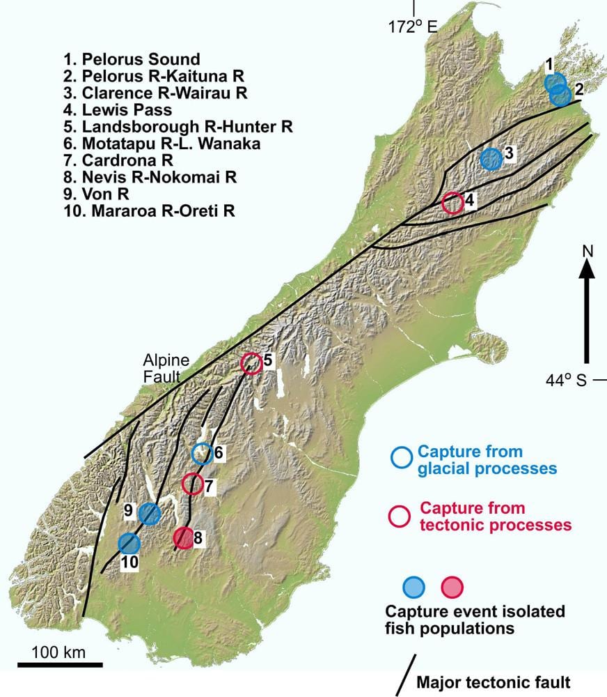 Kaart van de kloof rivier van nieuw-zeeland