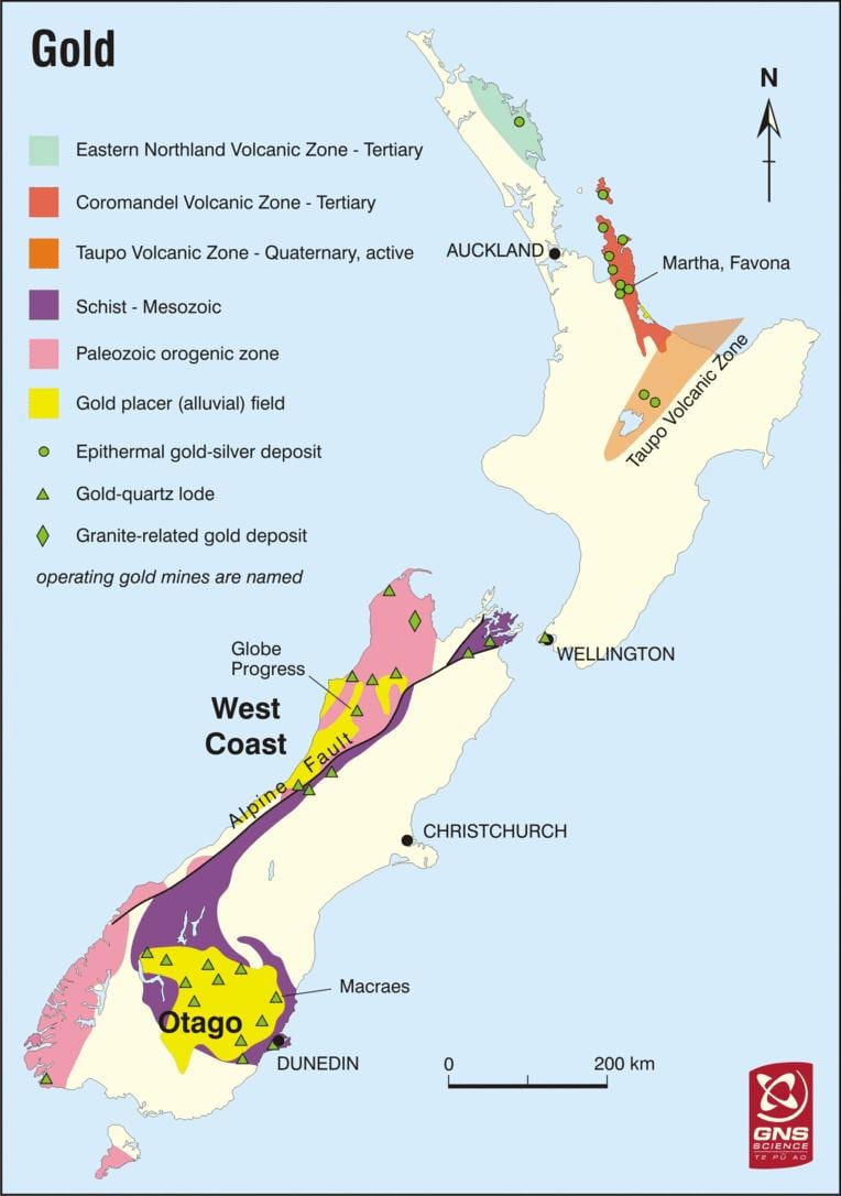 Kaart van goud in nieuw-zeeland
