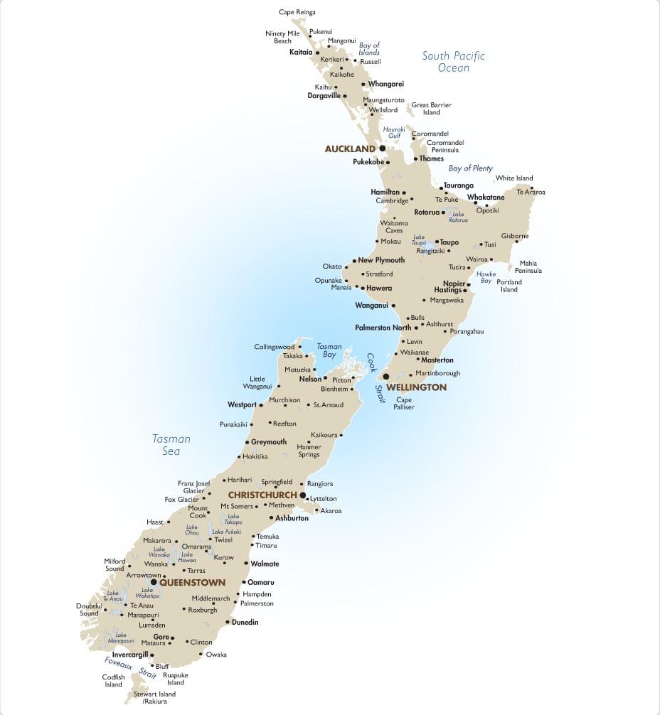 Kaart van nieuw-zeeland steden