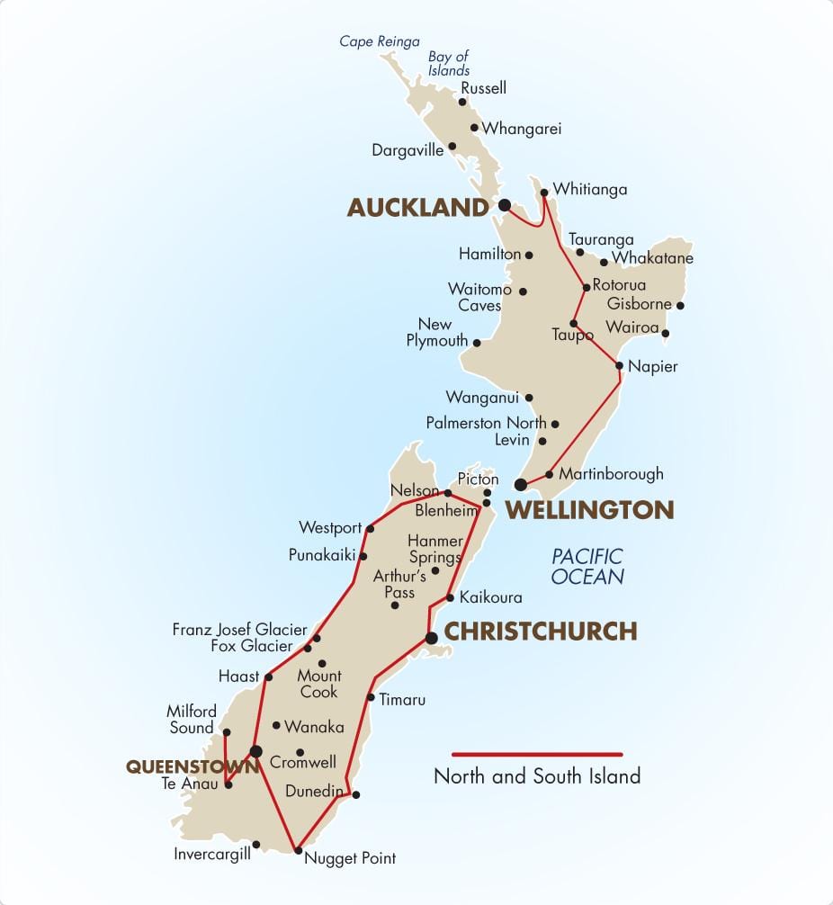 Kaart van zuid-eiland van nieuw-zeeland te rijden