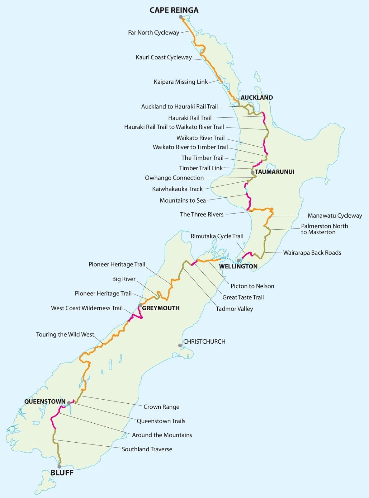 Kaart van nieuw-zeeland fietsroute