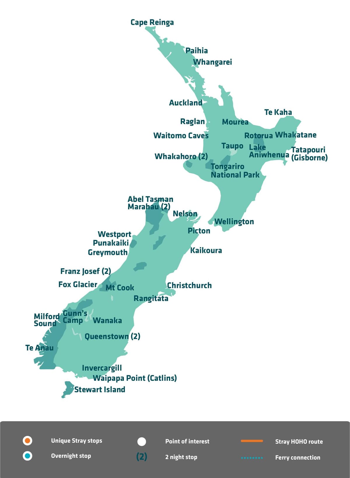 Kaart van nieuw-zeeland bezienswaardigheden