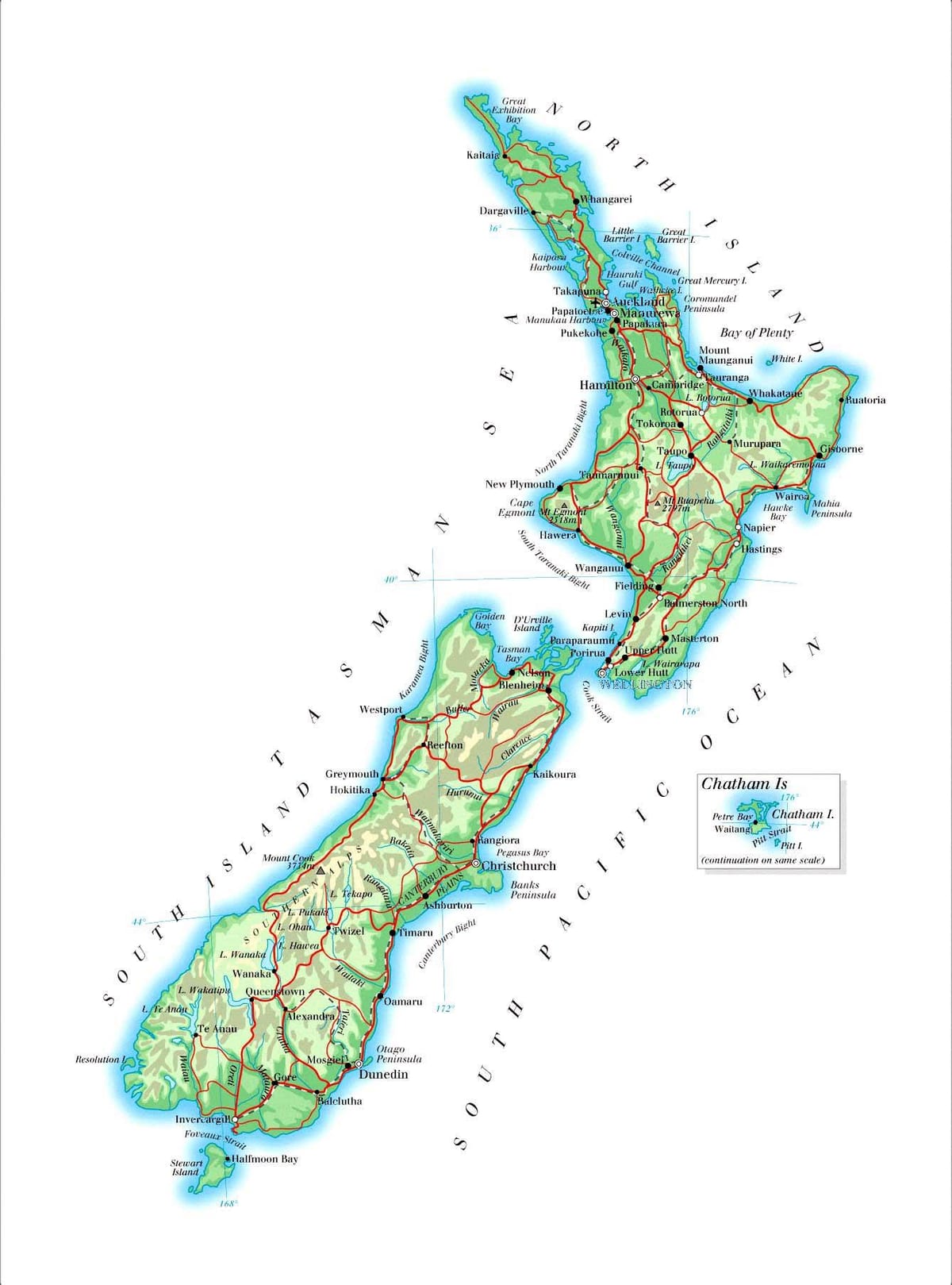 Kaart van zwart zand stranden van nieuw-zeeland