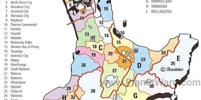 Kaart van nieuw-zeeland noord-eiland regio ' s en districten