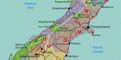 Kaart van zuid-eiland van nieuw-zeeland-regio ' s
